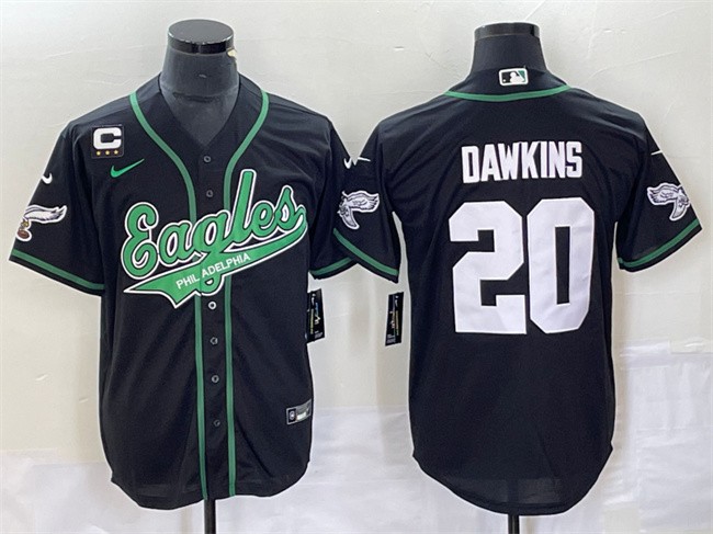 Men's Philadelphia Eagles #20 Brian Dawkins Black With C Patch Cool Base Stitched Baseball Jersey - Click Image to Close